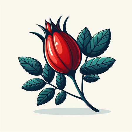 Rose hip with leaves. Hand drawn vector illustration in cartoon style.のイラスト素材
