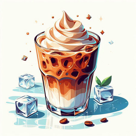 Iced coffee with whipped cream and ice cubes. Vector illustration.のイラスト素材