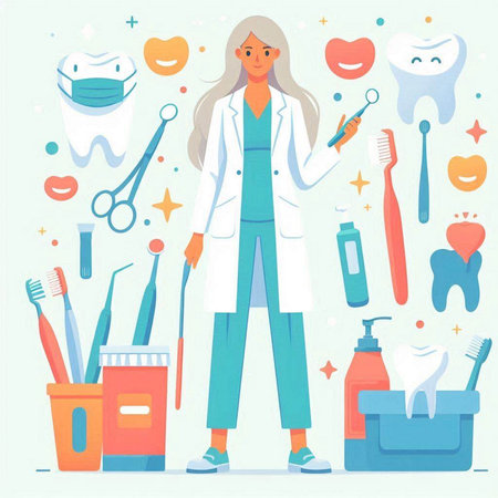 Dentist woman with stomatology tools. Vector illustrationのイラスト素材