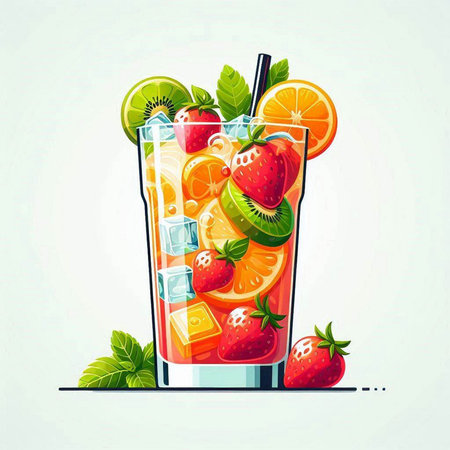 Cocktail with strawberry, kiwi and orange. Vector illustration.のイラスト素材