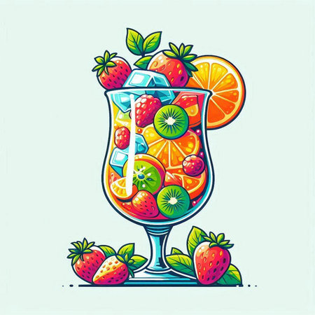 Cocktail with fruits and ice in a glass. Vector illustration.のイラスト素材