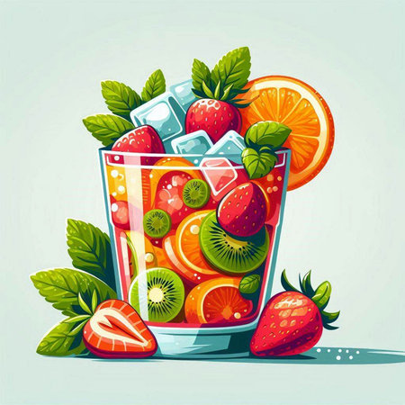 Fruit cocktail with ice cubes and fruits. Vector illustration of a summer drink.のイラスト素材