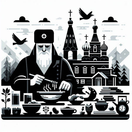 Vintage monochrome vector illustration of Russian orthodox priest with a bowl of soupのイラスト素材
