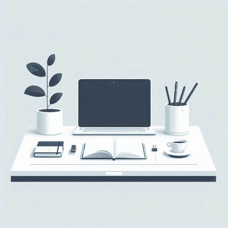 Office desk with laptop, coffee cup and notebook. Vector illustration.のイラスト素材