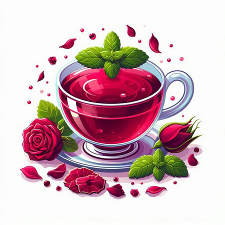 Cup of tea with rose buds and leaves. Vector illustration.のイラスト素材