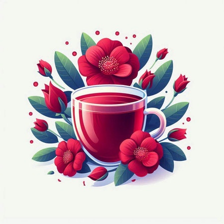 Cup of tea with red flowers and leaves. Vector illustration.のイラスト素材