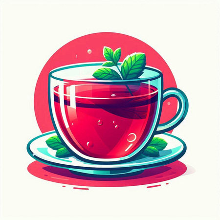 Cup of tea with mint leaves on a saucer. Vector illustration.のイラスト素材