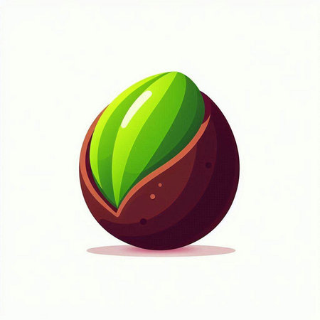 Illustration of a chocolate nut with green leaves on a white backgroundのイラスト素材