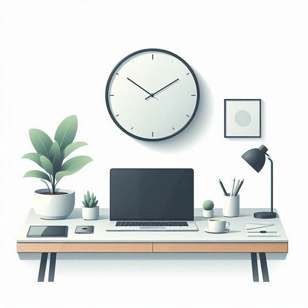 Workplace with laptop, coffee cup and clock. Vector illustration.のイラスト素材