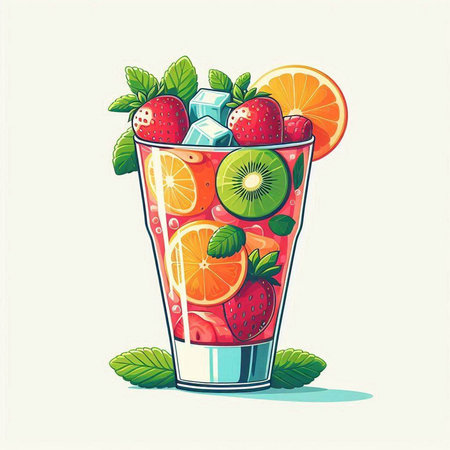 Fruit cocktail in a glass with ice and fruits. Vector illustration.のイラスト素材