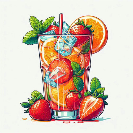 Fruit cocktail with strawberries, oranges and ice cubes. Vector illustration.のイラスト素材