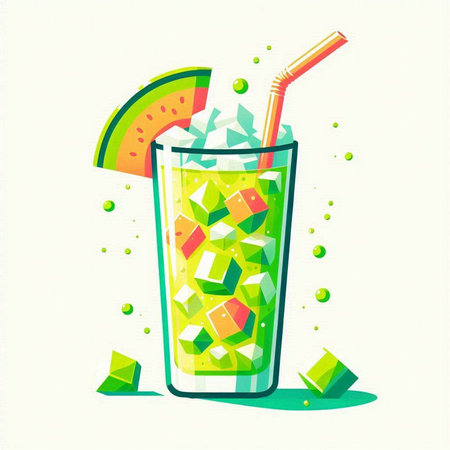 Cocktail with lime, ice cubes and straw. Vector illustration.のイラスト素材