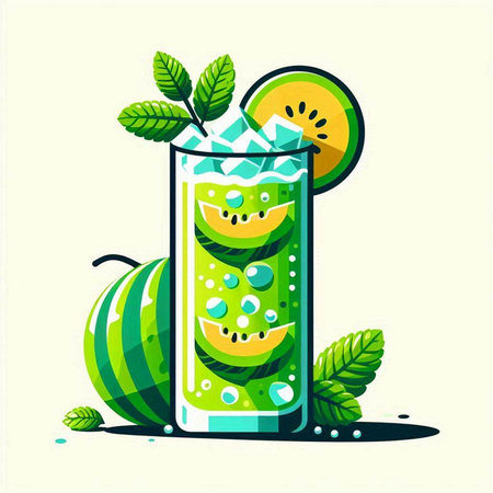 Watermelon mojito cocktail with lime and mint. Vector illustrationのイラスト素材