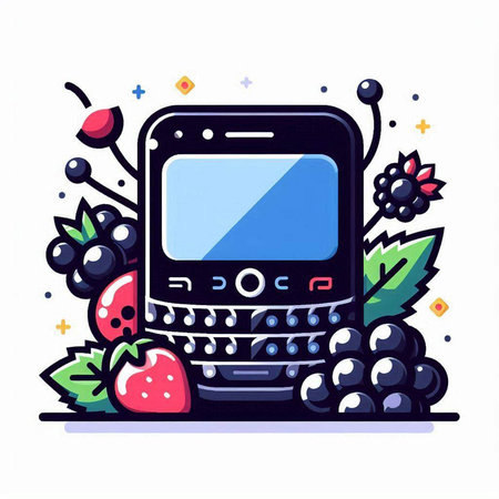 Mobile phone with blackberries and strawberries on a white background. Vector illustration.のイラスト素材