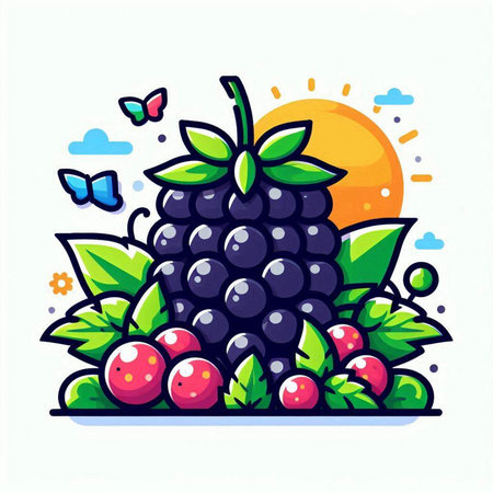 Vector illustration of blackberry with berries and sun in the background.のイラスト素材