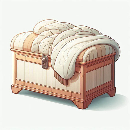 Illustration of a wooden chest with pillows on a white backgroundのイラスト素材