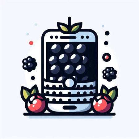 Vector illustration of a mobile phone with blackberries and apples on a white background.のイラスト素材