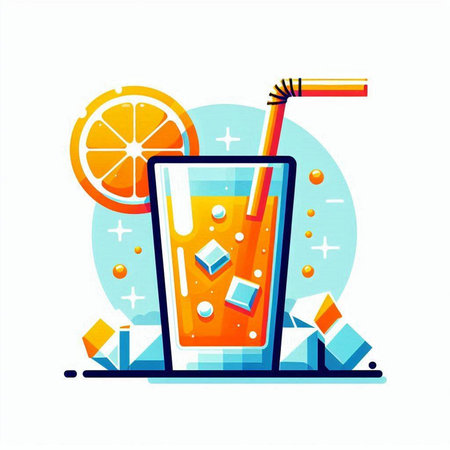 Cocktail with orange, ice cubes and straw. Vector illustrationのイラスト素材