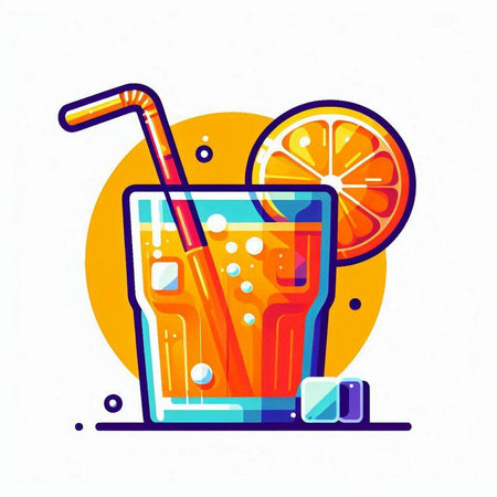 Orange juice in glass with straw and slice of orange. Vector illustration.のイラスト素材