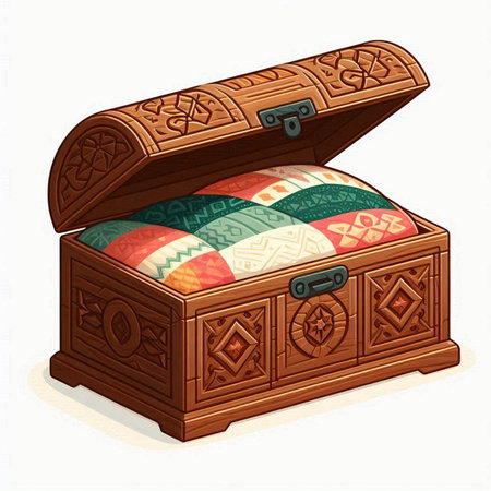 Illustration of an old wooden chest with colorful pillows on a white backgroundのイラスト素材