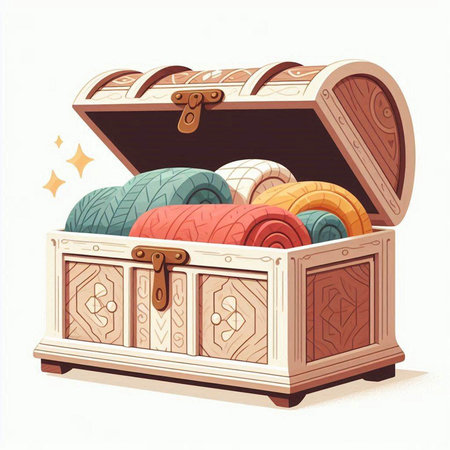 Illustration of a wooden chest full of colorful yarns and knitting needlesのイラスト素材