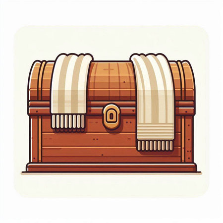 Illustration of a wooden chest with towels on a white background.のイラスト素材