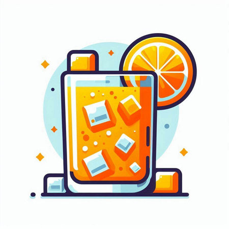 Orange juice with ice cubes and orange slices. Vector illustration in flat styleのイラスト素材