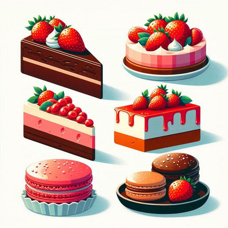 Set of different cakes with strawberries and macaroons. Vector illustration.のイラスト素材