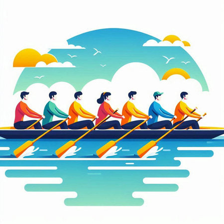Group of people rowing in a rowboat. Vector illustration.のイラスト素材