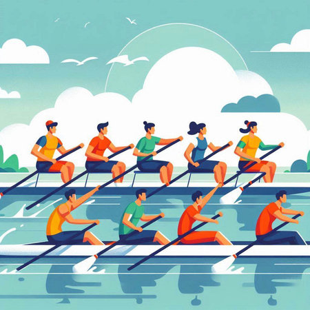 Group of men rowing on the river. Flat style vector illustration.のイラスト素材