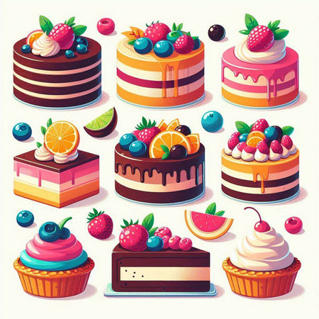 Cake icons set with different types of desserts and cakes isolated vector illustrationのイラスト素材