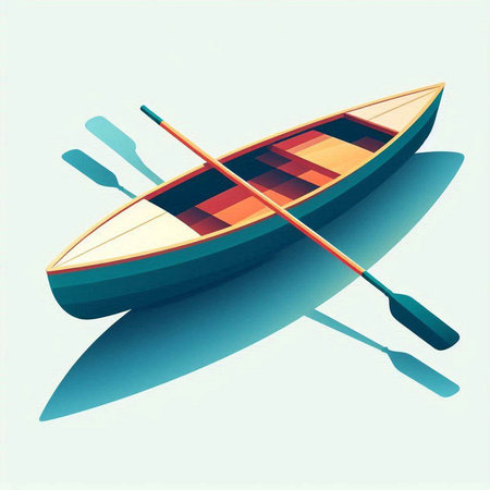 Illustration of a boat and paddle on a blue background with reflectionのイラスト素材