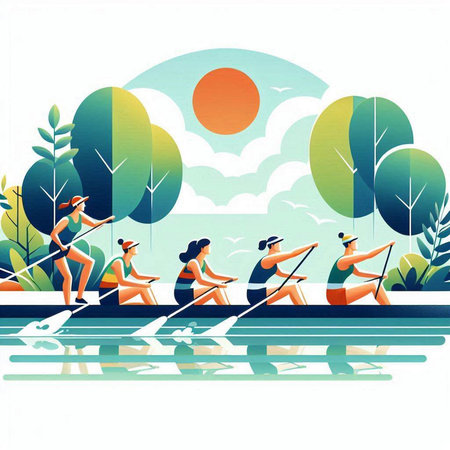 Group of people rowing on the river. Vector illustration in retro style.のイラスト素材
