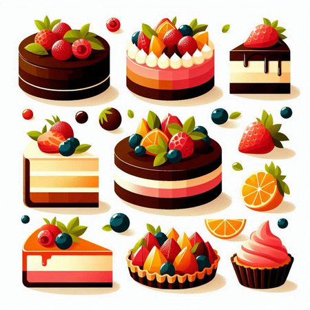 Set of different sweet cakes with berries and fruits. Vector illustration.のイラスト素材