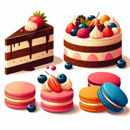 Set of different sweet cakes and macaroon. Vector illustration.のイラスト素材