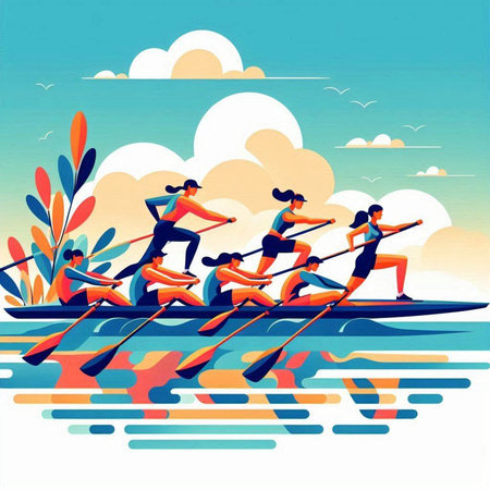 Group of men and women rowing on the river. Vector illustrationのイラスト素材