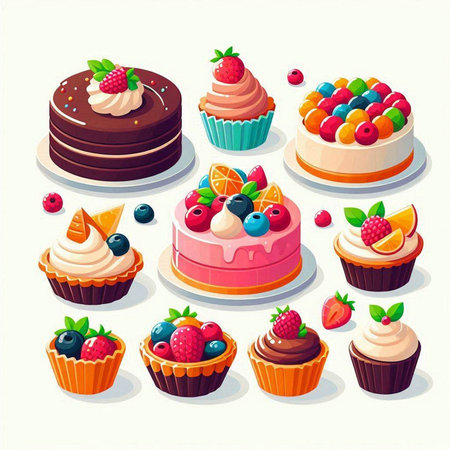 Set of sweet cakes and cupcakes with berries. Vector illustration.のイラスト素材