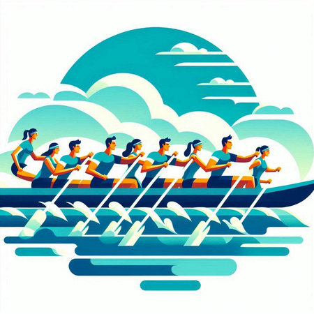 Group of people rowing on a boat in the sea. Vector illustration.のイラスト素材