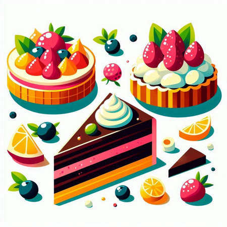 Vector illustration of a set of sweet cakes with berries and fruits.のイラスト素材