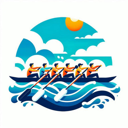 kayak in the sea. Vector illustration of a group of people rowing on a boat.のイラスト素材