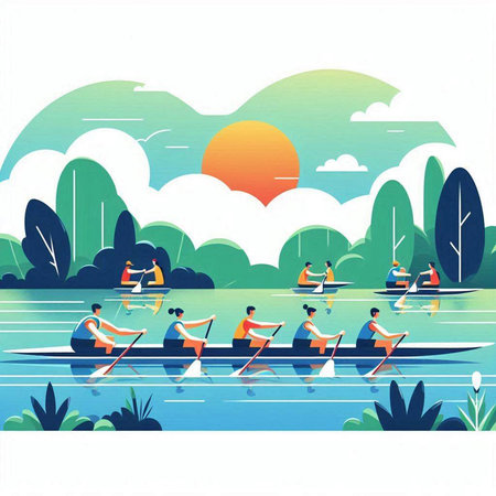 Group of people rowing in the lake. Flat style vector illustration.のイラスト素材