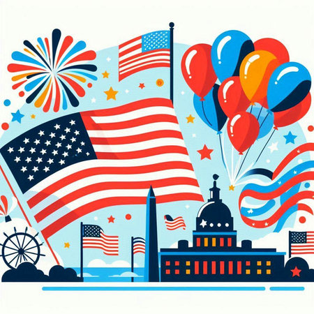American flag with balloons and fireworks on a white background. Vector illustration.のイラスト素材