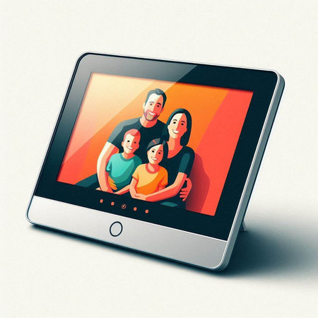Family on the screen of a digital tablet. 3d illustration.のイラスト素材