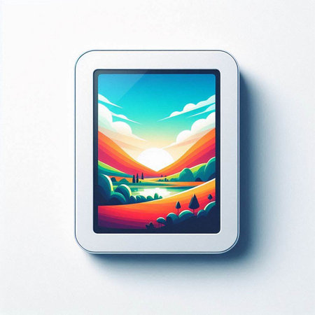 Landscape with mountains and lake in the photo frame. Vector illustrationのイラスト素材