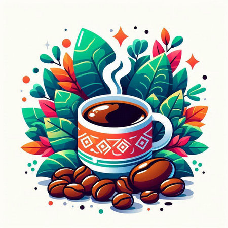 Coffee cup with coffee beans and leaves. Vector illustration.のイラスト素材