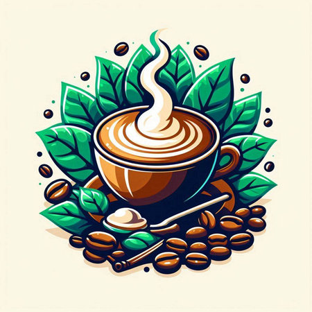 Coffee cup with latte art and coffee beans. Vector illustration.のイラスト素材