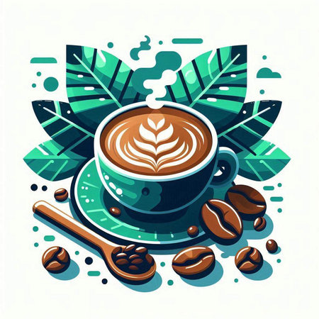 Coffee cup with latte art and coffee beans. Vector illustrationのイラスト素材
