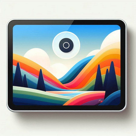 Tablet pc with colorful landscape and sun. 3D illustration.のイラスト素材