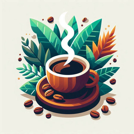 Coffee cup with coffee beans and leaves. Vector illustration.のイラスト素材