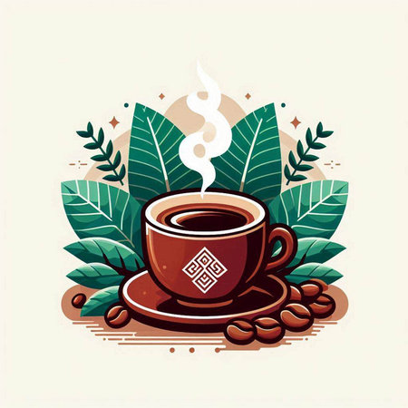 Coffee cup with beans and leaves. Vintage vector illustration.のイラスト素材
